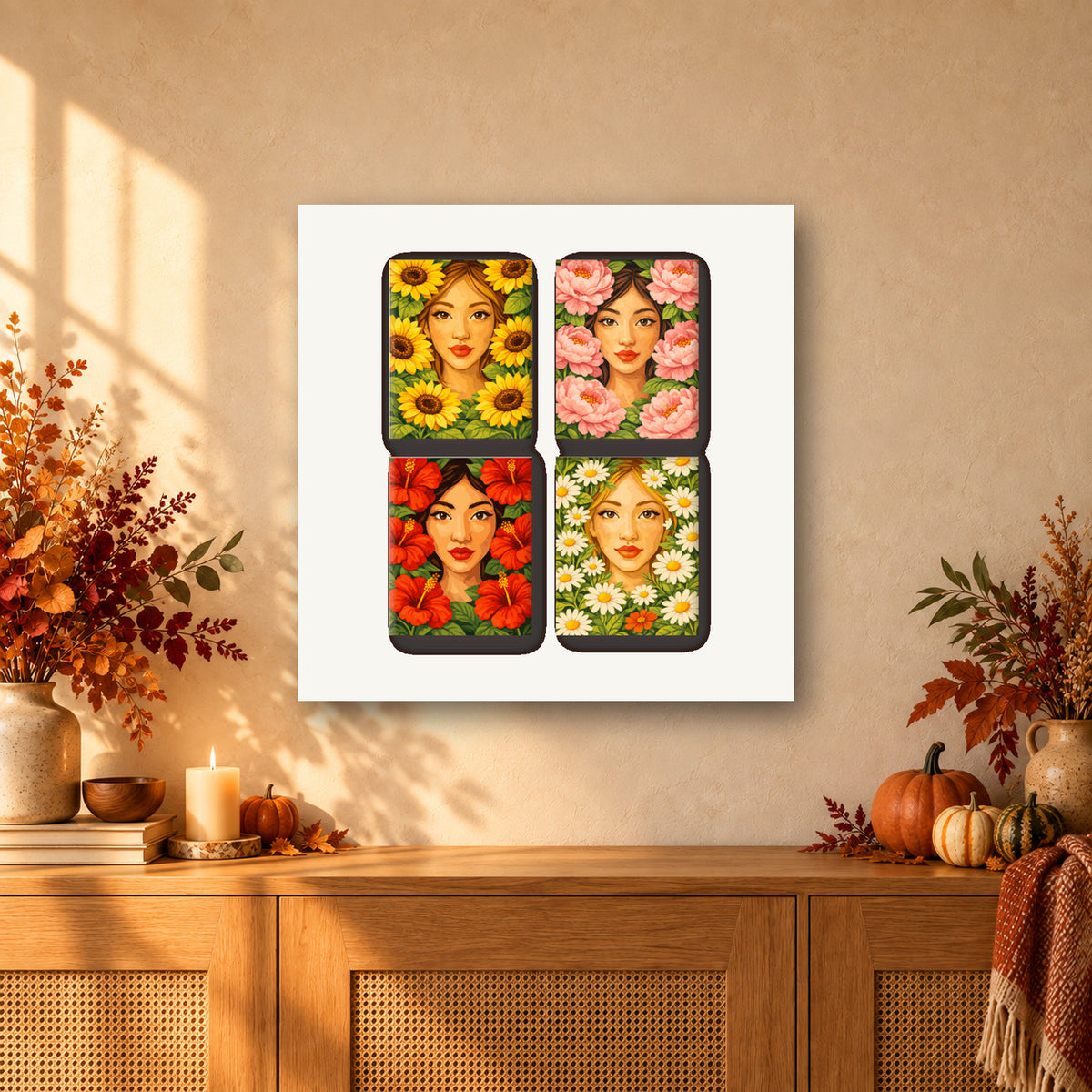 Coffret de 4 peintures par numéro Visages Fleuris, mini-toiles présentées au mur, Maison Artsen