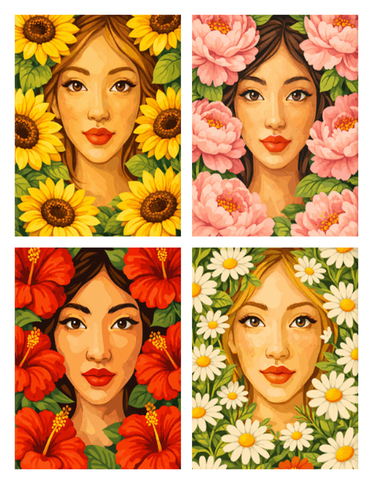Coffret de 4 peintures par numéro Visages Fleuris, les mini-toiles à plat, Maison Artsen