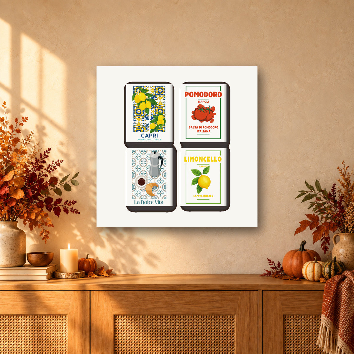 Coffret de 4 peintures par numéro Affiches d'Épicerie Italienne, mini-toiles présentées au mur, Maison Artsen