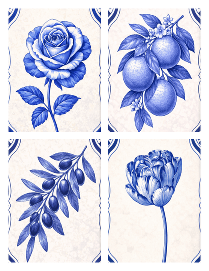 Coffret de 4 peintures par numéro Plantes de Delft, les mini-toiles à plat, Maison Artsen