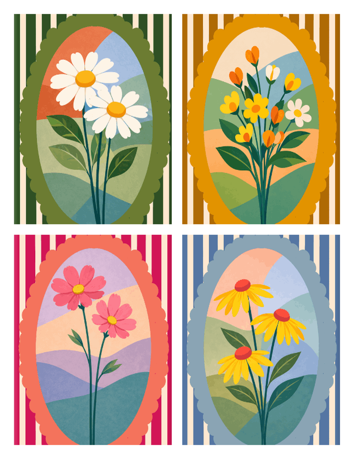 Coffret de 4 peintures par numéro Fleurs Graphiques, les mini-toiles à plat, Maison Artsen