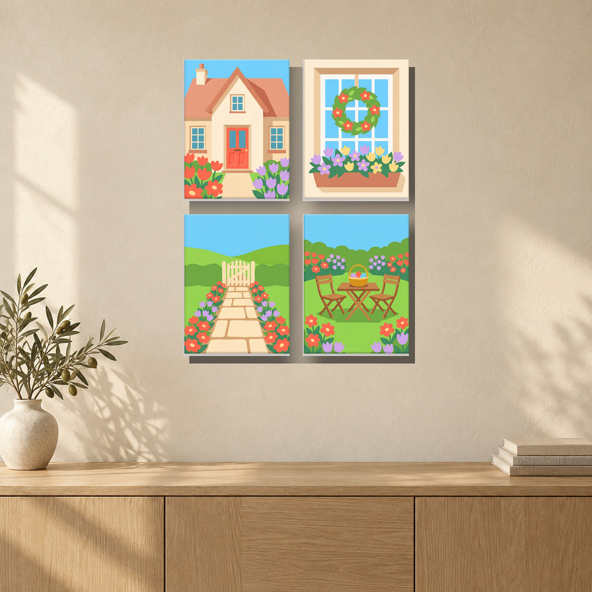 Coffret de 4 peintures par numéro Bienvenue au Cottage, mini-toiles présentées au mur, Maison Artsen