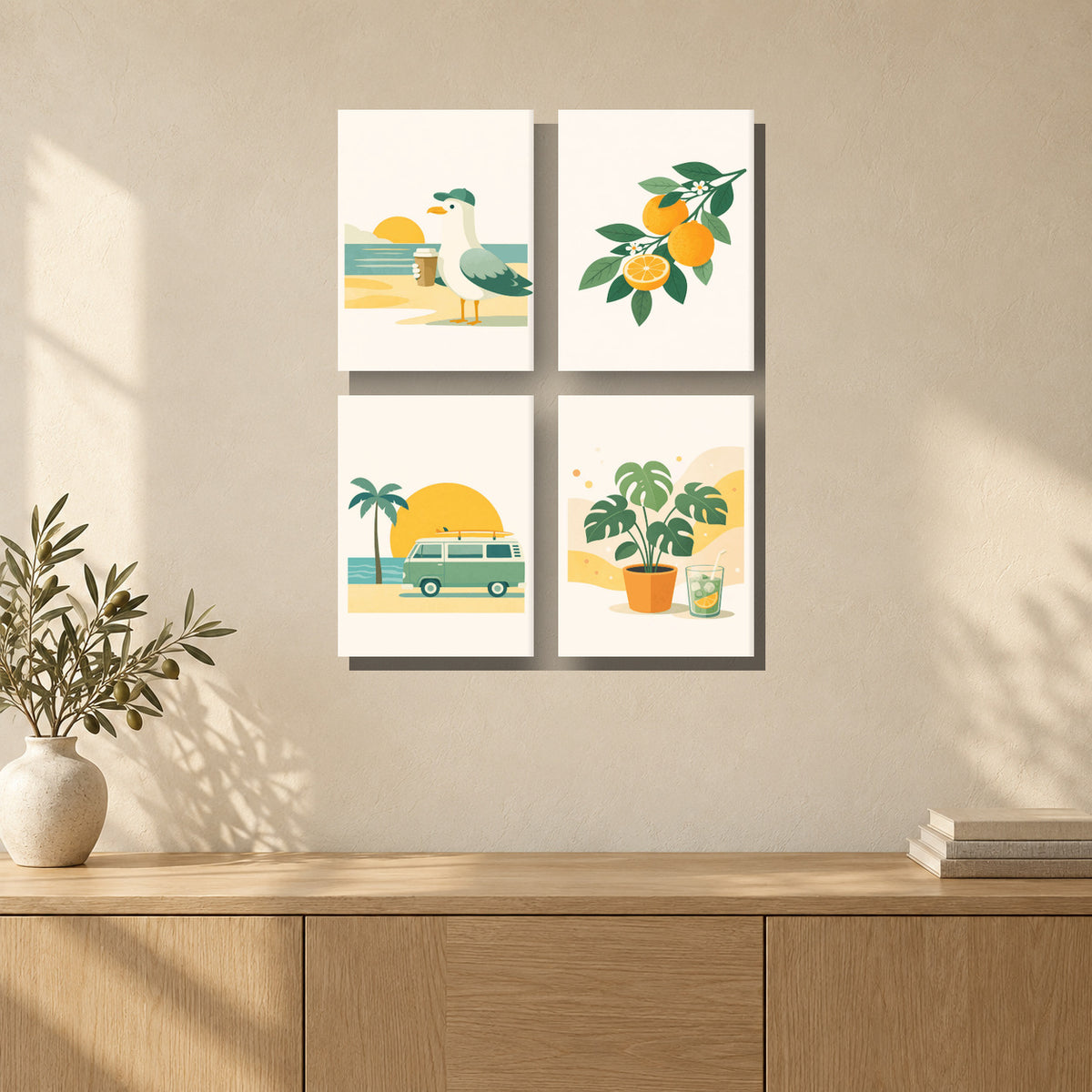 Coffret de 4 peintures par numéro Échappée Ensoleillée, mini-toiles présentées au mur, Maison Artsen