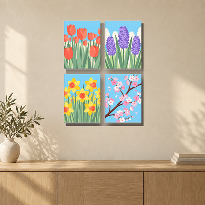 Coffret de 4 peintures par numéro Floraisons de Printemps, mini-toiles présentées au mur, Maison Artsen