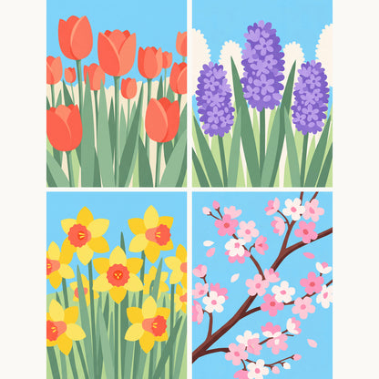 Coffret de 4 peintures par numéro Floraisons de Printemps, les mini-toiles à plat, Maison Artsen