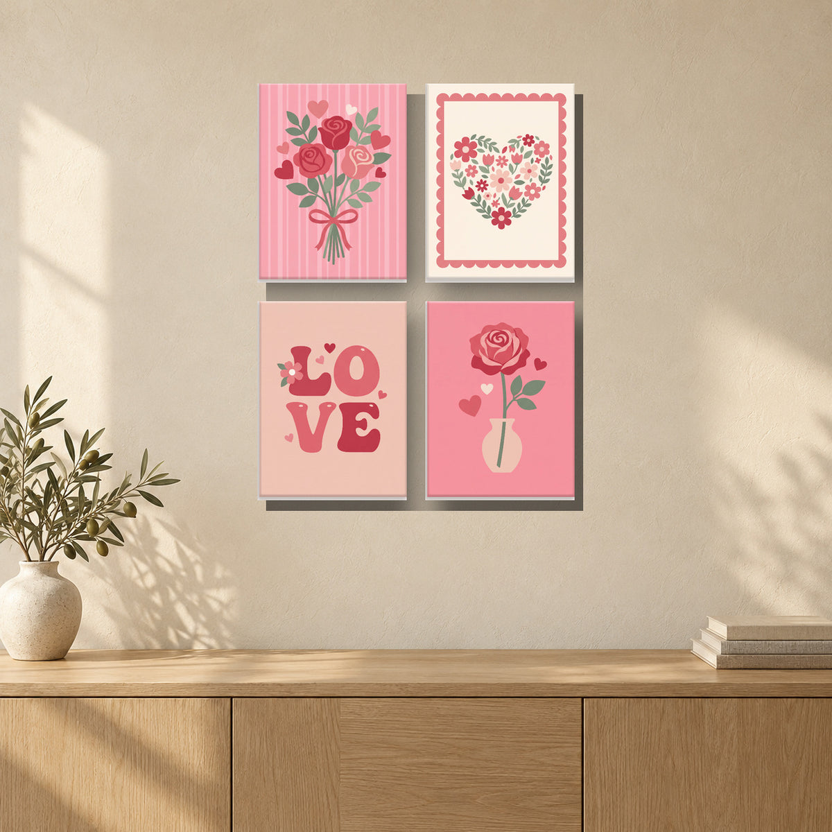 Coffret de 4 peintures par numéro Roses et Cœurs, mini-toiles présentées au mur, Maison Artsen