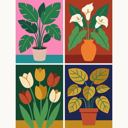 Coffret de 4 peintures par numéro Plantes et Tulipes Graphiques, les mini-toiles à plat, Maison Artsen