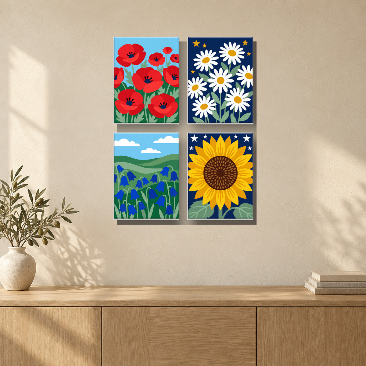 Coffret de 4 peintures par numéro Fleurs des Prés, mini-toiles présentées au mur, Maison Artsen