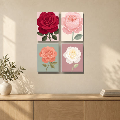 Coffret de 4 peintures par numéro Des Roses pour Vous, mini-toiles présentées au mur, Maison Artsen