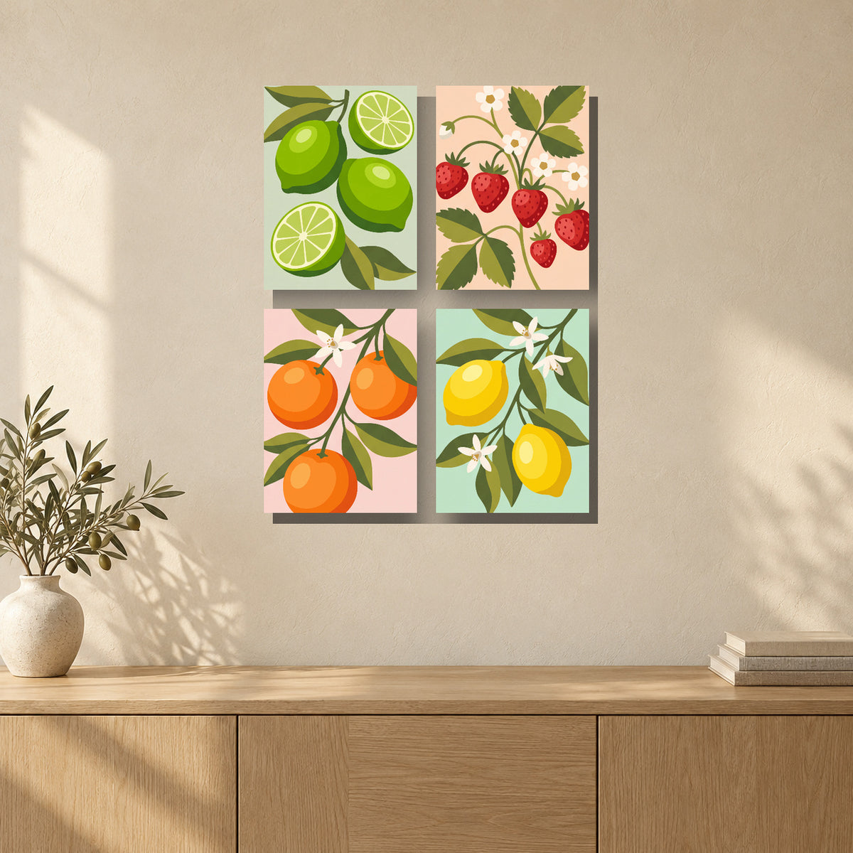 Coffret de 4 peintures par numéro Agrumes et Fraises, mini-toiles présentées au mur, Maison Artsen