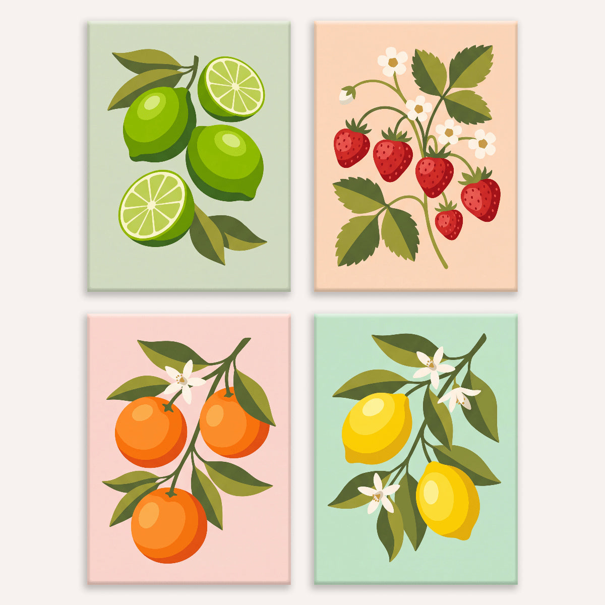 Coffret de 4 peintures par numéro Agrumes et Fraises, les mini-toiles à plat, Maison Artsen