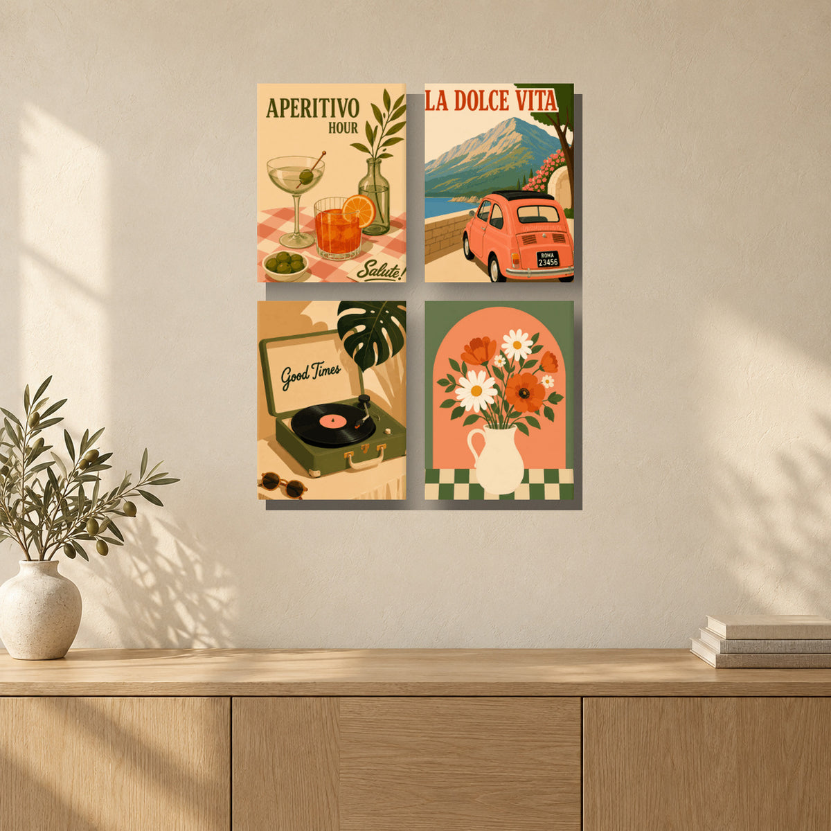 Coffret de 4 peintures par numéro Apéritif à l'Italienne, mini-toiles présentées au mur, Maison Artsen