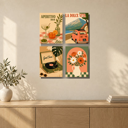 Coffret de 4 peintures par numéro Apéritif à l'Italienne, mini-toiles présentées au mur, Maison Artsen