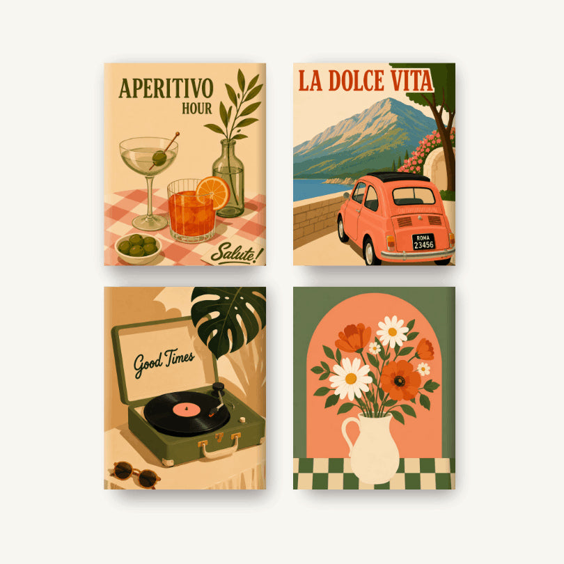 Coffret de 4 peintures par numéro Apéritif à l'Italienne, les mini-toiles à plat, Maison Artsen