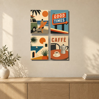 Coffret de 4 peintures par numéro Sur la Route, mini-toiles présentées au mur, Maison Artsen