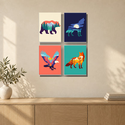 Coffret de 4 peintures par numéro Silhouettes Sauvages, mini-toiles présentées au mur, Maison Artsen