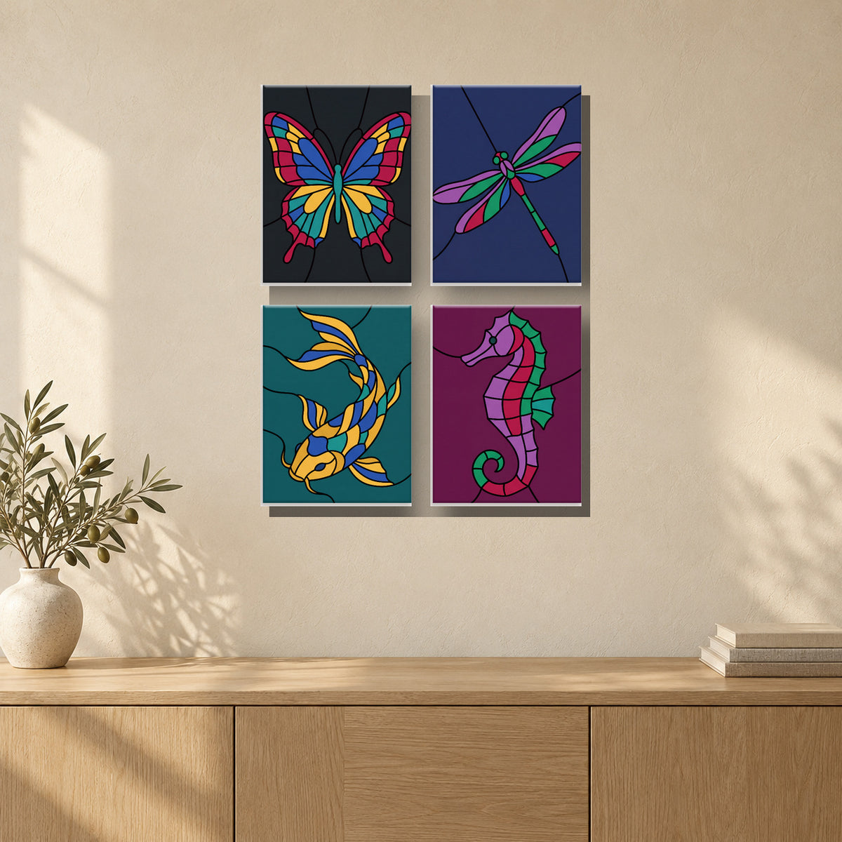 Coffret de 4 peintures par numéro Animaux en Vitrail, mini-toiles présentées au mur, Maison Artsen