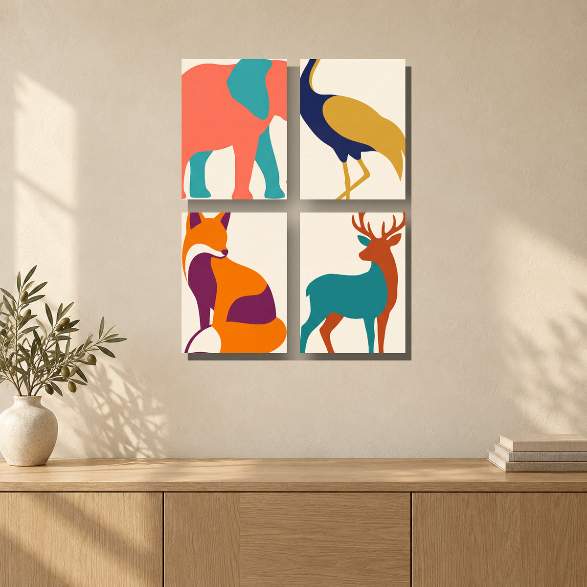 Coffret de 4 peintures par numéro Faune Minimaliste, mini-toiles présentées au mur, Maison Artsen