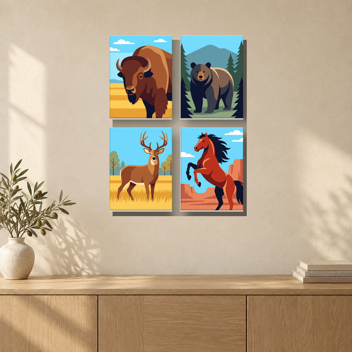 Coffret de 4 peintures par numéro Animaux de l’Ouest Américain, mini-toiles présentées au mur, Maison Artsen