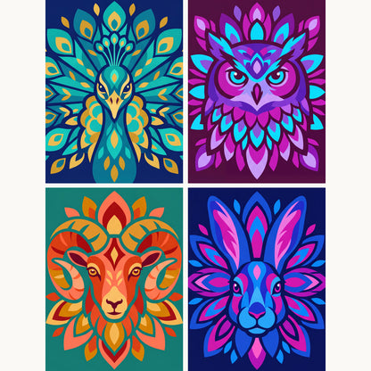 Coffret de 4 peintures par numéro Animaux en Mandala, les mini-toiles à plat, Maison Artsen