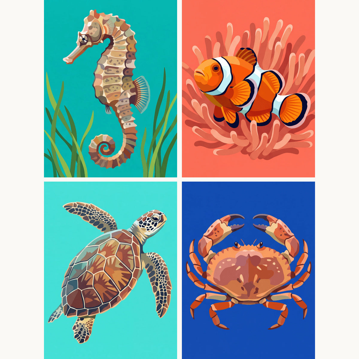 Coffret de 4 peintures par numéro Profondeurs Marines, les mini-toiles à plat, Maison Artsen
