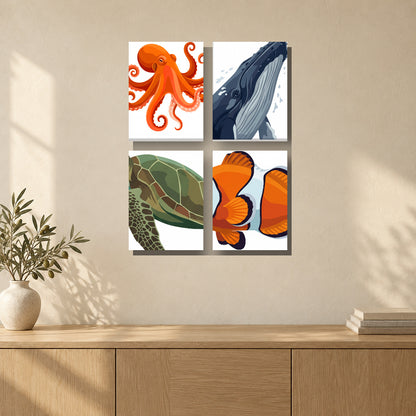 Coffret de 4 peintures par numéro Merveilles du Grand Bleu, mini-toiles présentées au mur, Maison Artsen