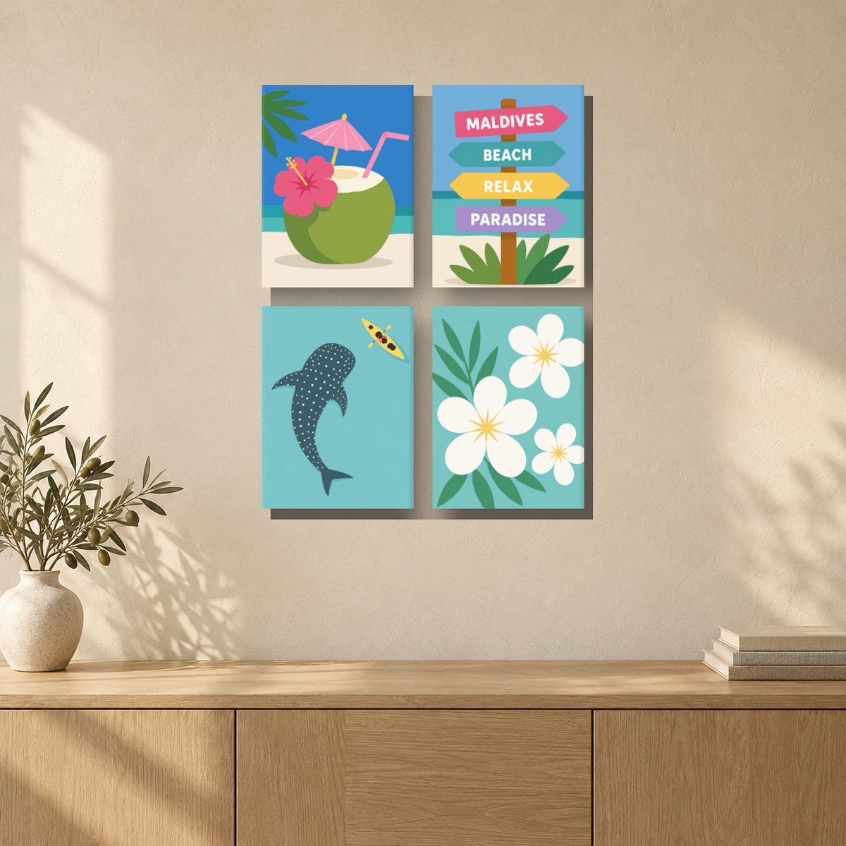 Coffret de 4 peintures par numéro Paradis des Maldives, mini-toiles présentées au mur, Maison Artsen