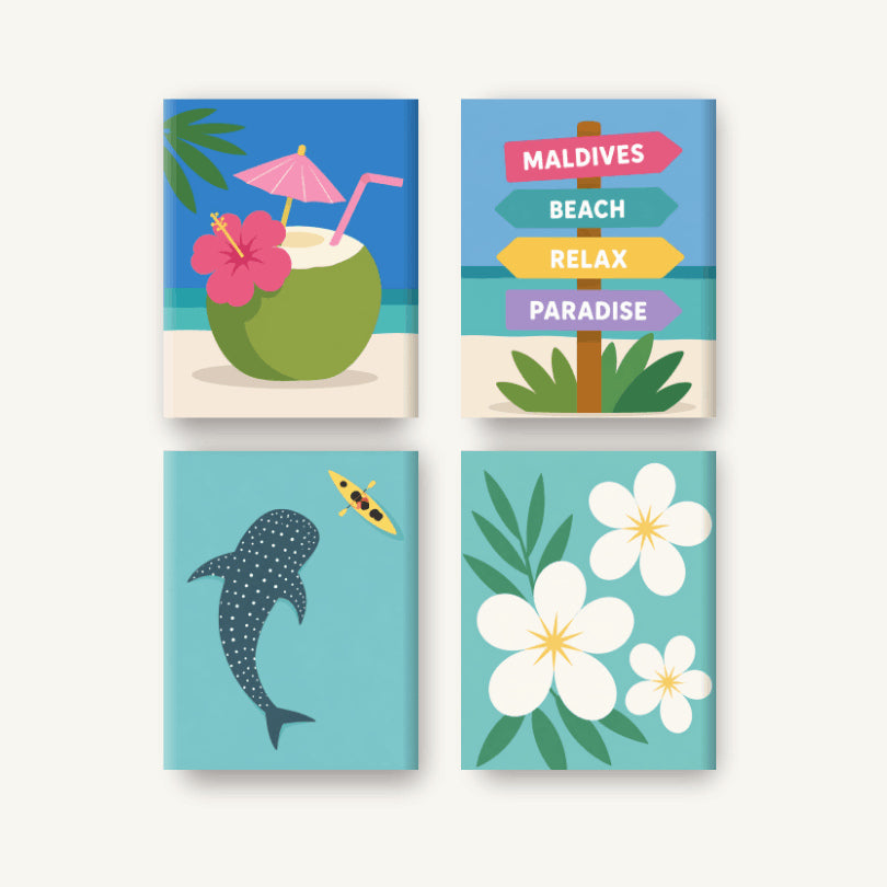 Coffret de 4 peintures par numéro Paradis des Maldives, les mini-toiles à plat, Maison Artsen