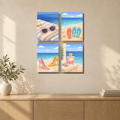 Coffret de 4 peintures par numéro Souvenirs d’Été, mini-toiles présentées au mur, Maison Artsen