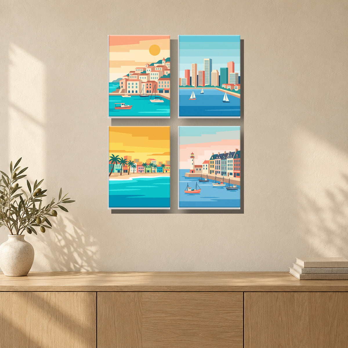Coffret de 4 peintures par numéro Rivages de Charme, mini-toiles présentées au mur, Maison Artsen