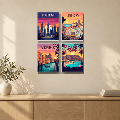 Coffret de 4 peintures par numéro Escales autour du Monde, mini-toiles présentées au mur, Maison Artsen
