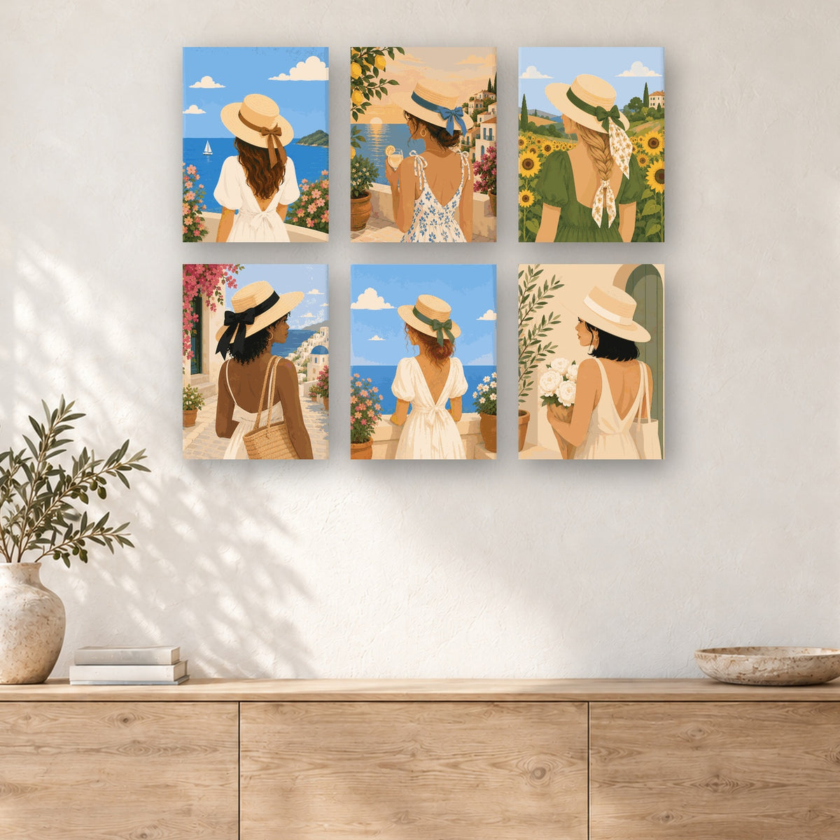 Coffret de 6 peintures par numéro Chapeaux de Paille en Été, mini-toiles présentées au mur, Maison Artsen