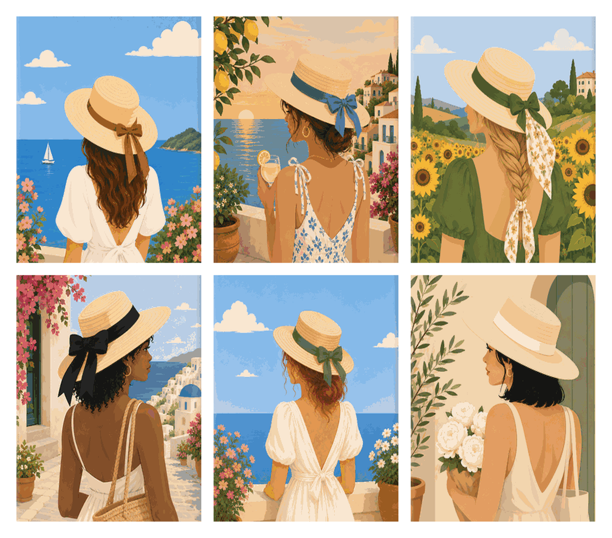 Coffret de 6 peintures par numéro Chapeaux de Paille en Été, les mini-toiles à plat, Maison Artsen