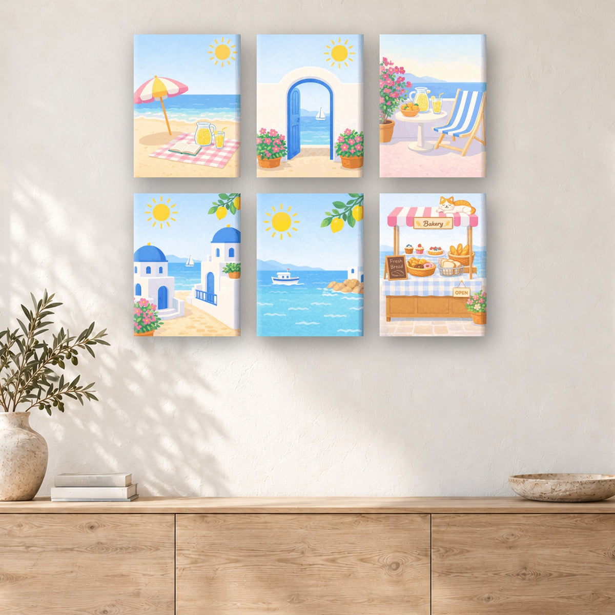 Coffret de 6 peintures par numéro Journées à Santorin, mini-toiles présentées au mur, Maison Artsen