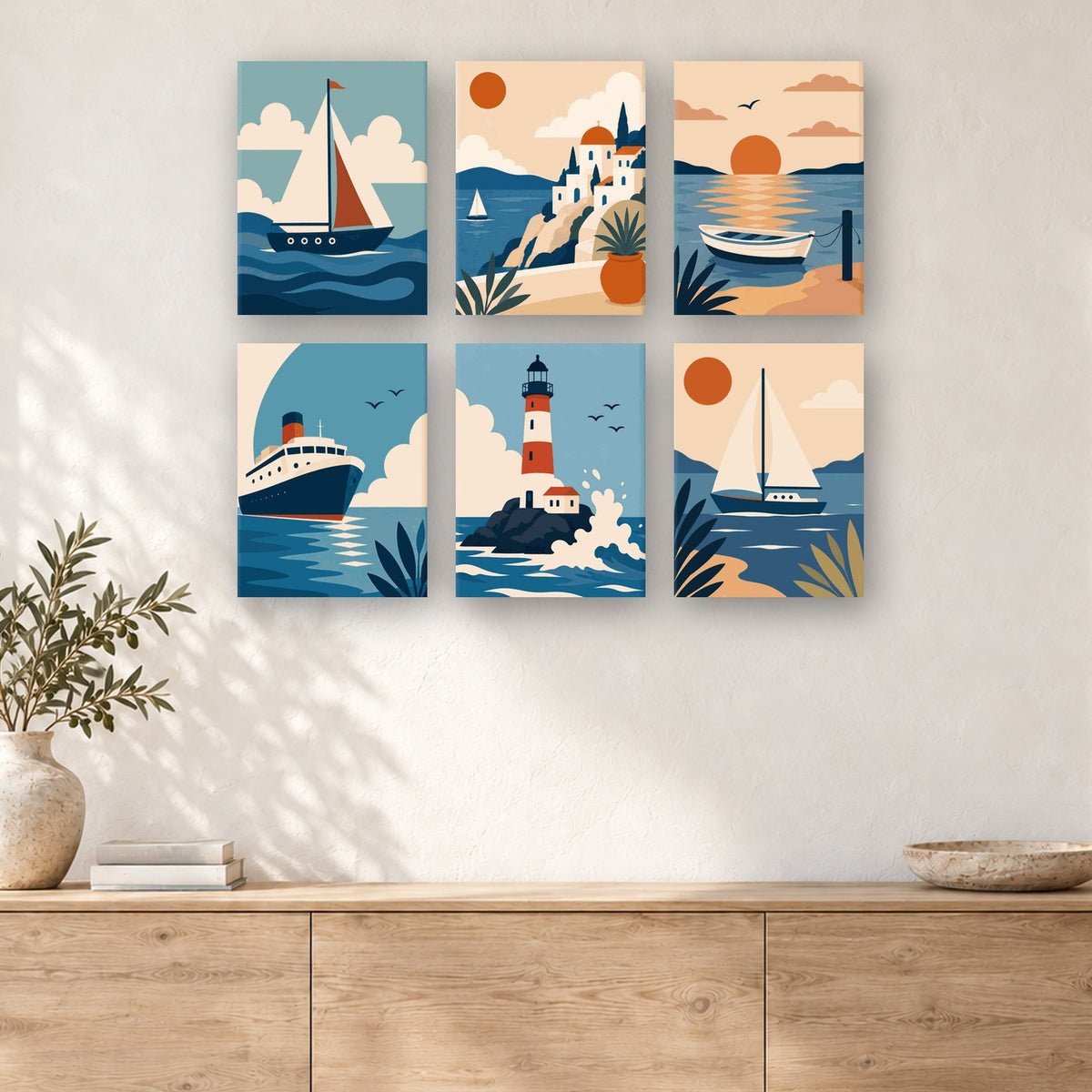 Coffret de 6 peintures par numéro Voiles au Couchant, mini-toiles présentées au mur, Maison Artsen