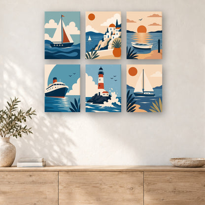 Coffret de 6 peintures par numéro Voiles au Couchant, mini-toiles présentées au mur, Maison Artsen