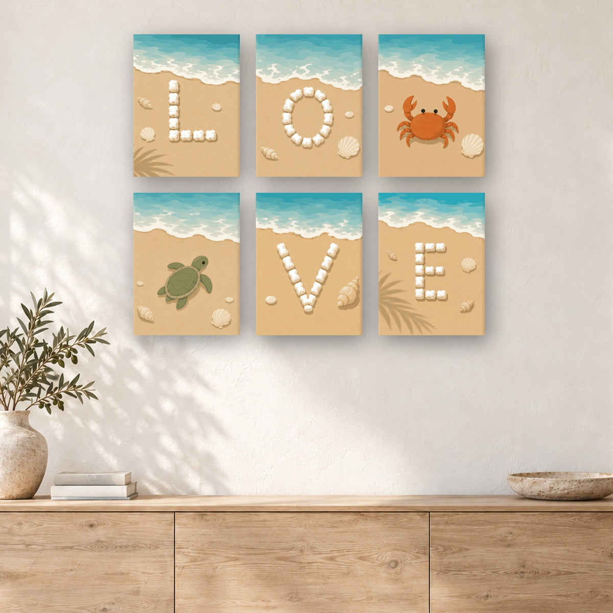 Coffret de 6 peintures par numéro L'Amour sur le Sable, mini-toiles présentées au mur, Maison Artsen
