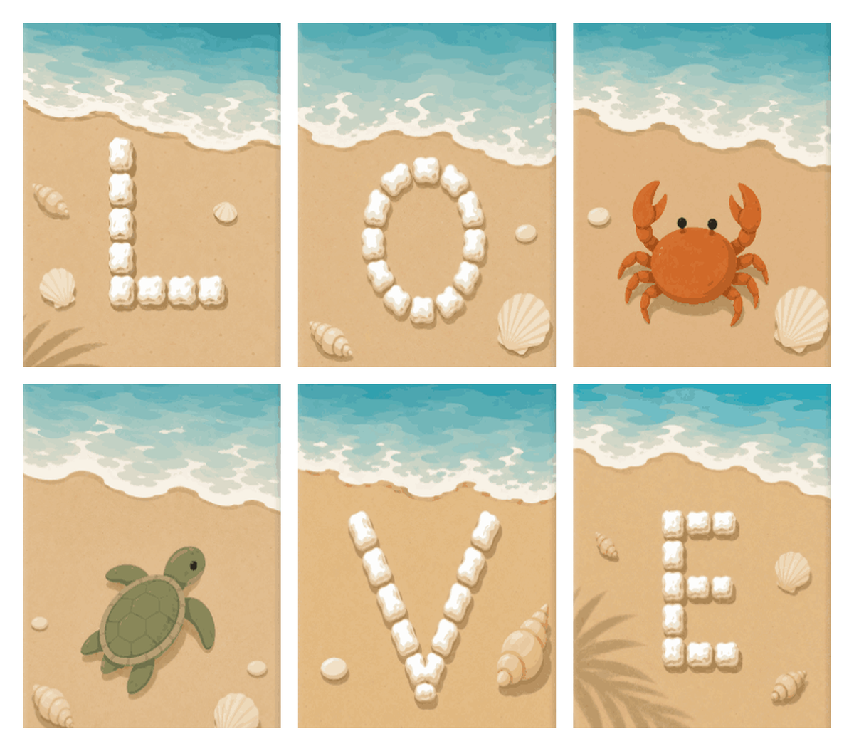 Coffret de 6 peintures par numéro L'Amour sur le Sable, les mini-toiles à plat, Maison Artsen