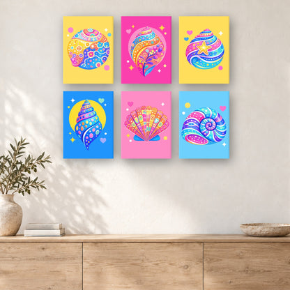 Coffret de 6 peintures par numéro Coquillages Arc-en-ciel, mini-toiles présentées au mur, Maison Artsen