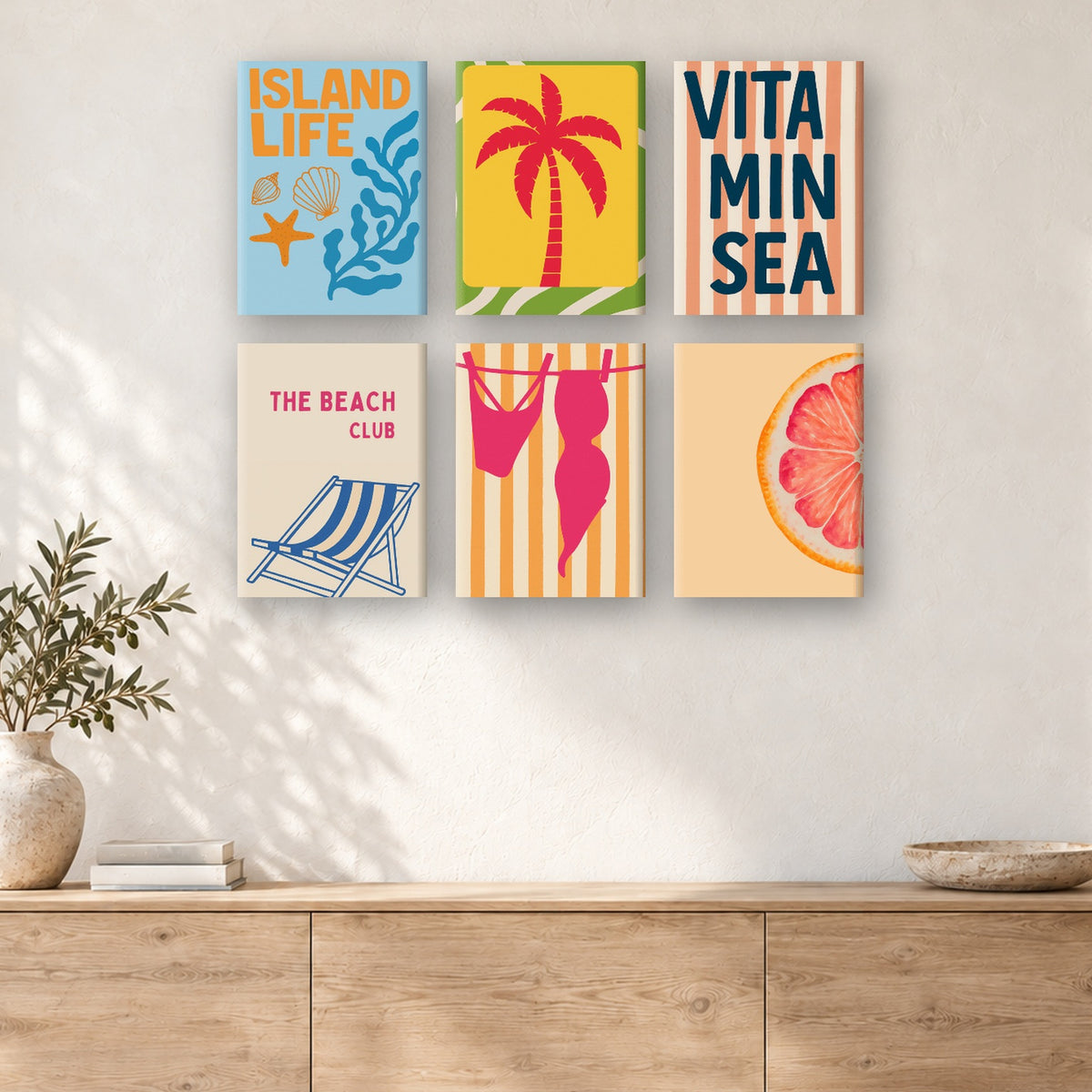Coffret de 6 peintures par numéro Esprit Beach Club, mini-toiles présentées au mur, Maison Artsen