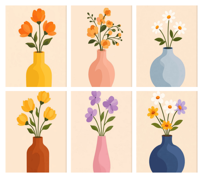 Coffret de 6 peintures par numéro Tiges Printanières en Vases, les mini-toiles à plat, Maison Artsen
