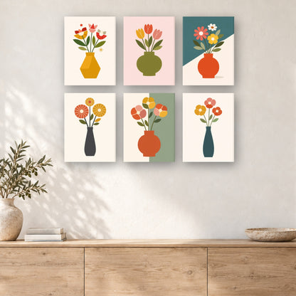 Coffret de 6 peintures par numéro Bouquets sur Fonds Bicolores, mini-toiles présentées au mur, Maison Artsen