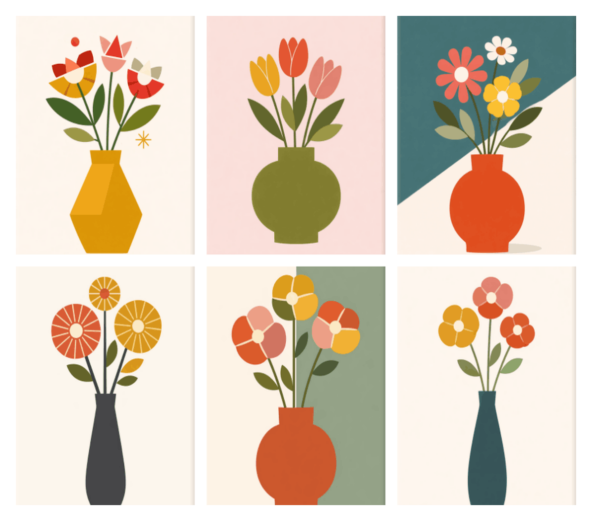 Coffret de 6 peintures par numéro Bouquets sur Fonds Bicolores, les mini-toiles à plat, Maison Artsen