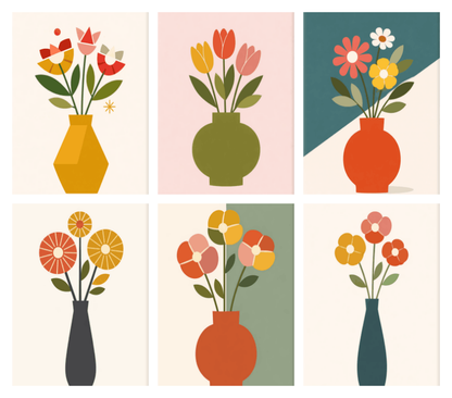 Coffret de 6 peintures par numéro Bouquets sur Fonds Bicolores, les mini-toiles à plat, Maison Artsen