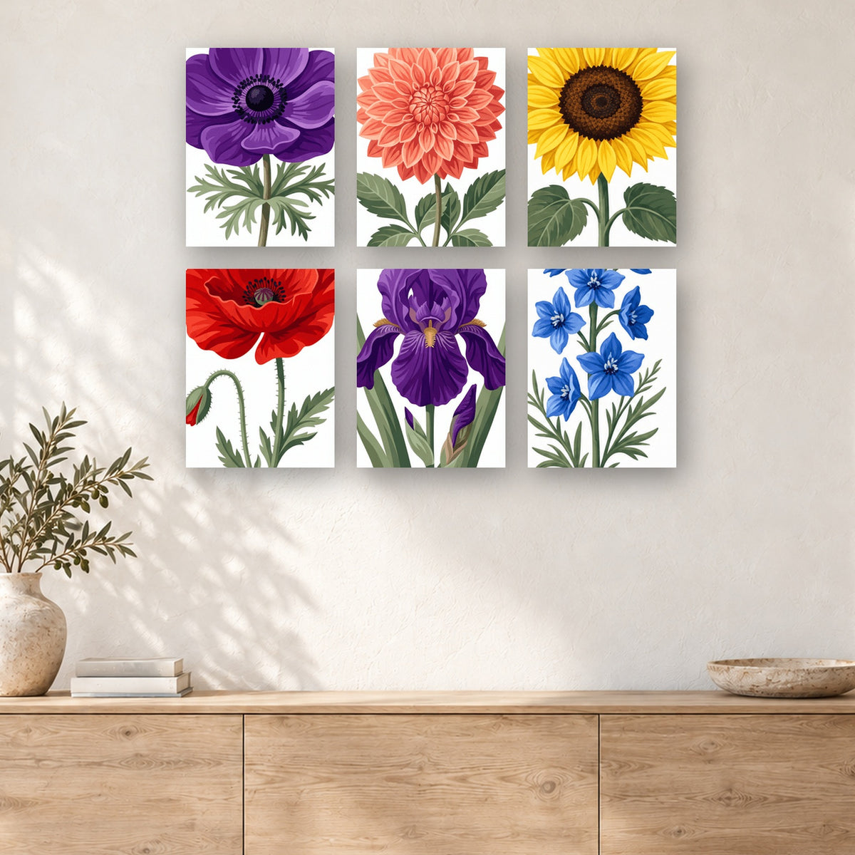 Coffret de 6 peintures par numéro Planches de Fleurs des Champs, mini-toiles présentées au mur, Maison Artsen