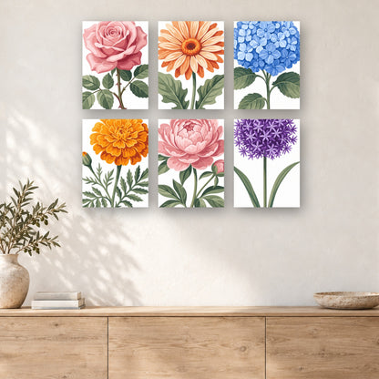 Coffret de 6 peintures par numéro Fleurs du Jardin d'Antan, mini-toiles présentées au mur, Maison Artsen