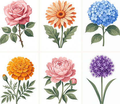Coffret de 6 peintures par numéro Fleurs du Jardin d'Antan, les mini-toiles à plat, Maison Artsen