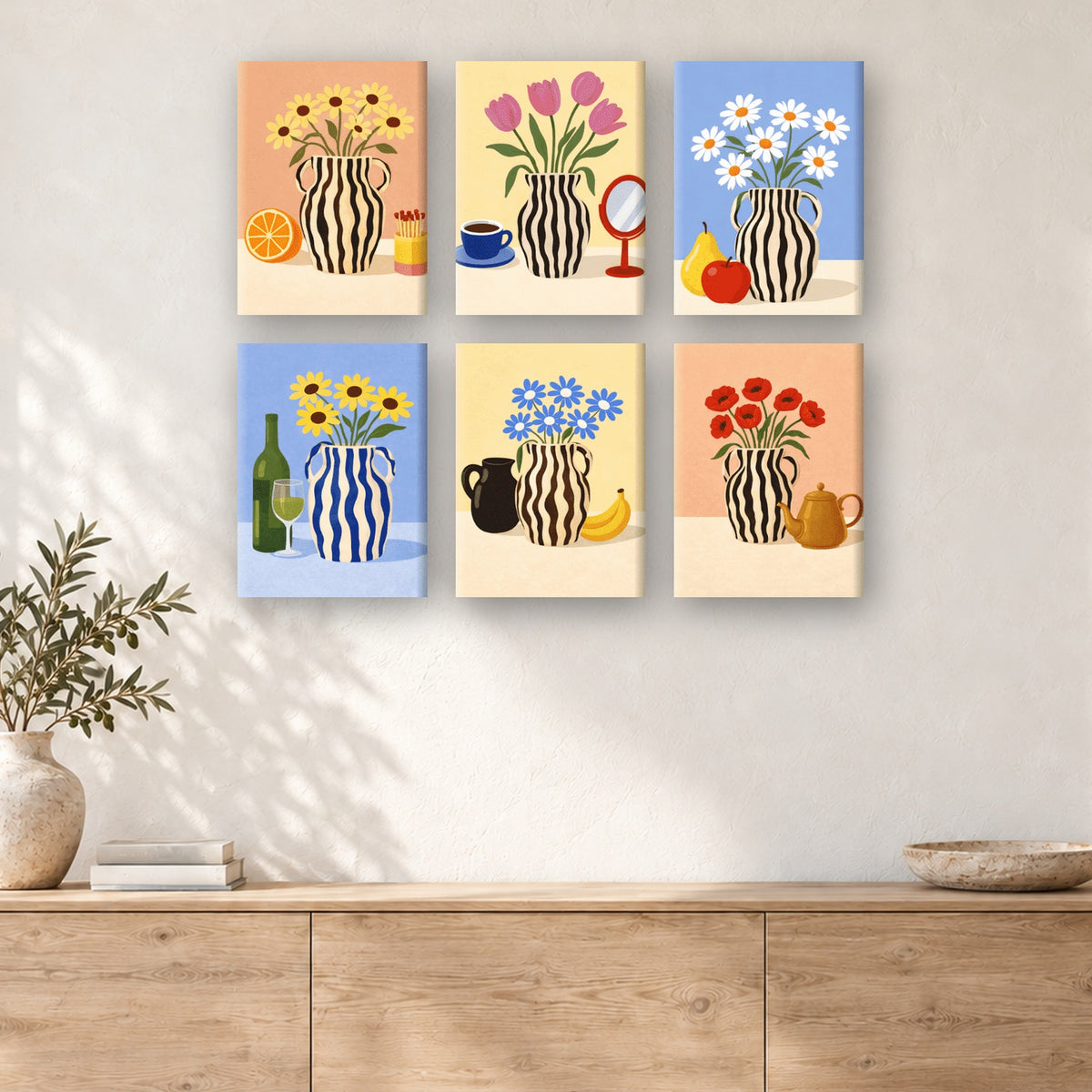 Coffret de 6 peintures par numéro Vases Rayés et Natures Mortes, mini-toiles présentées au mur, Maison Artsen