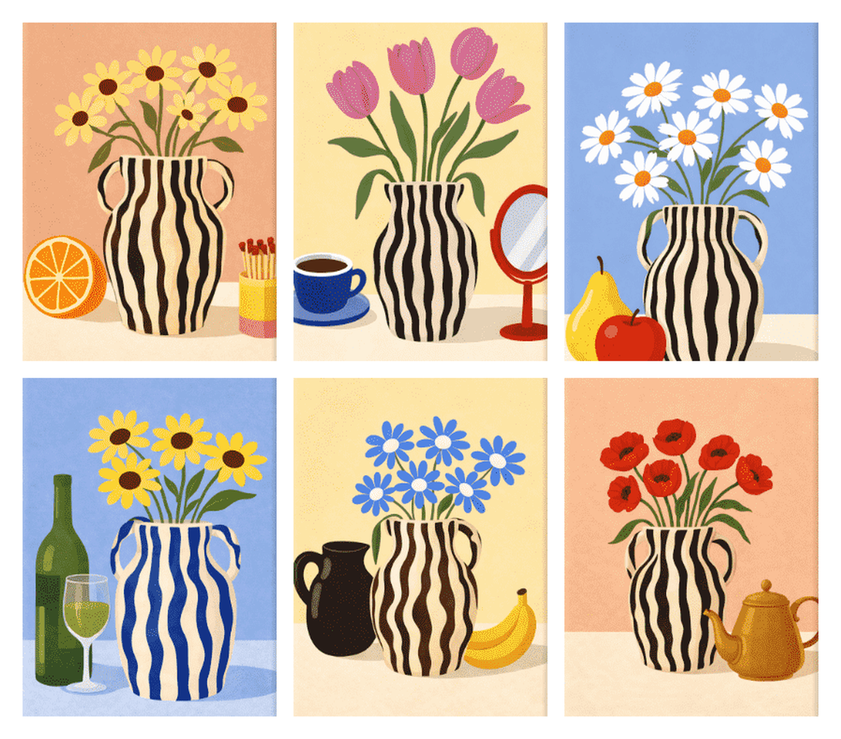 Coffret de 6 peintures par numéro Vases Rayés et Natures Mortes, les mini-toiles à plat, Maison Artsen