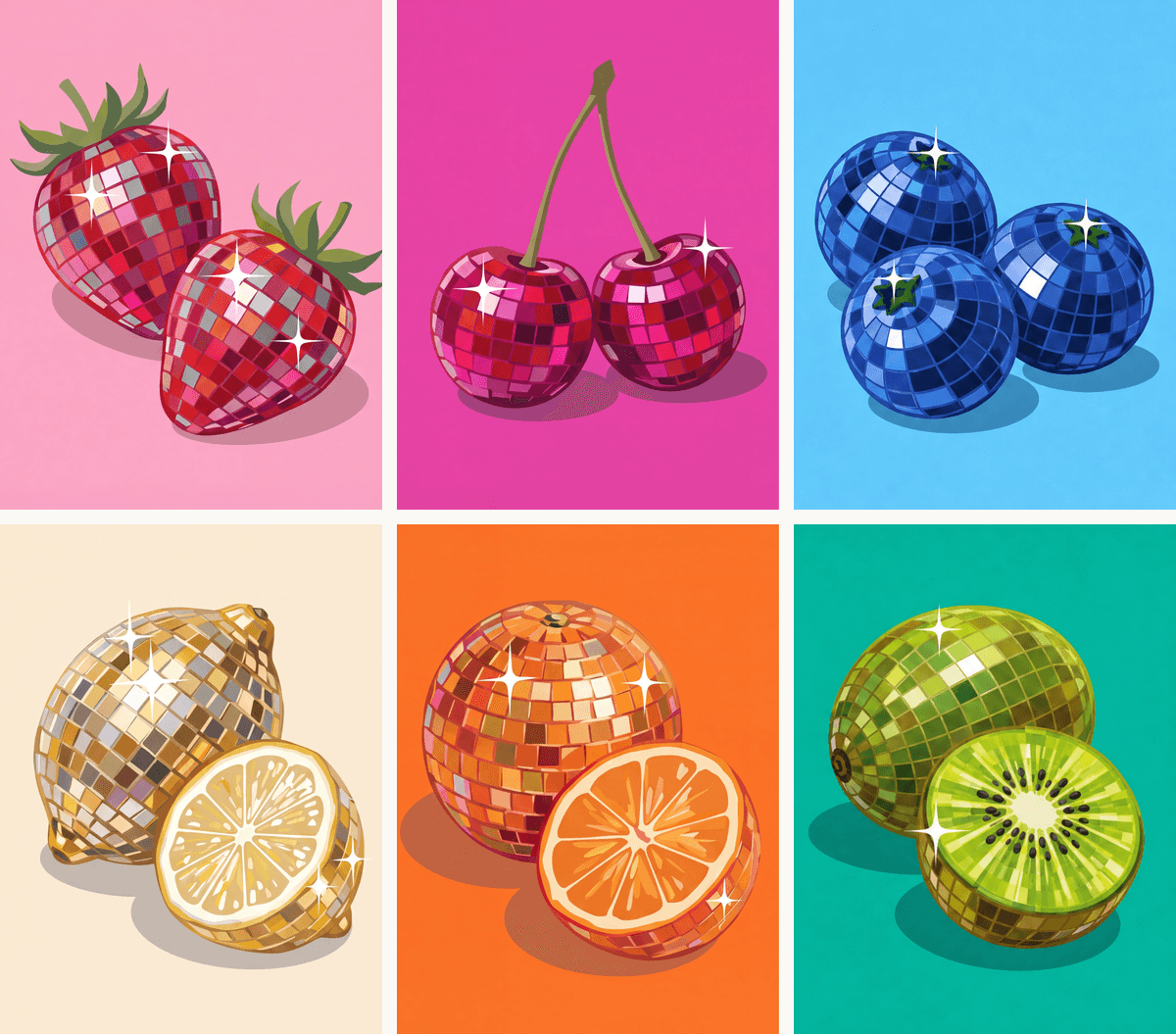 Coffret de 6 peintures par numéro Fruits Boule à Facettes, les mini-toiles à plat, Maison Artsen